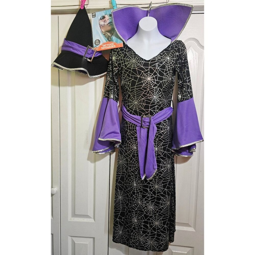 Purple Spiderweb Witch Costume Girls 10-12 Silver Black Dress Hat Halloween Glow